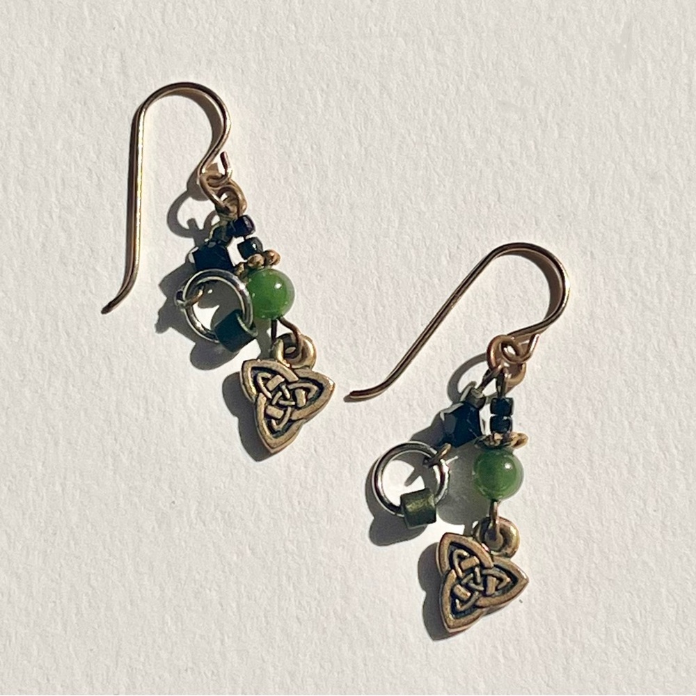 Vintage Dangle Celtic Trinity Knot Earrings Hook Beaded Jewelry 1990s Brass